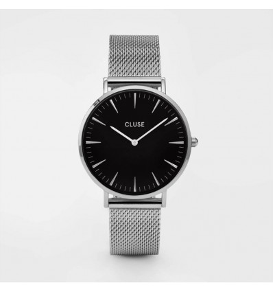 CLUSE LA BOHEME OROLOGIO SOLO TEMPO SFONDO NERO CINTURINO MAGLIA MILANO ACCIAIO